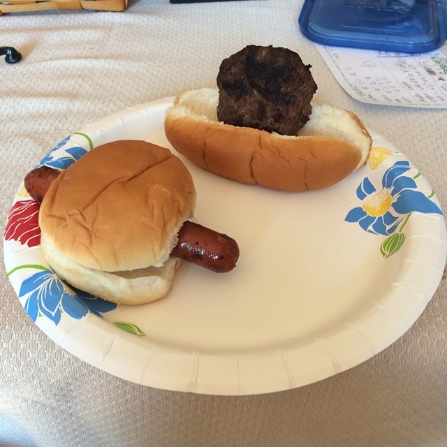 Hot dog in hamburger bun and hamburger in hot dog bun on a plate